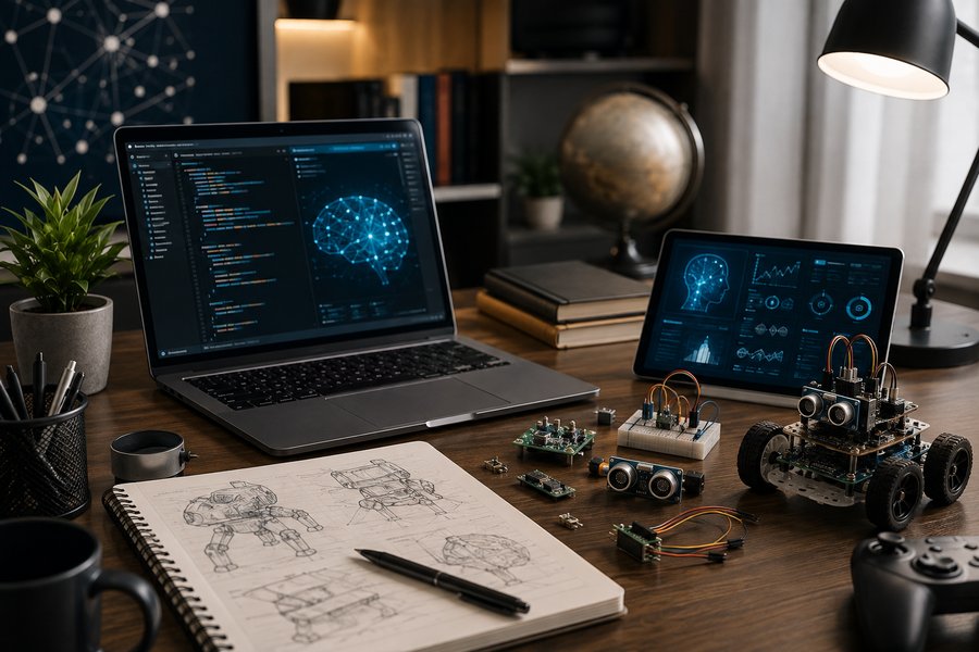 A laptop displaying AI diagrams beside robotics components and hand-drawn sketches
