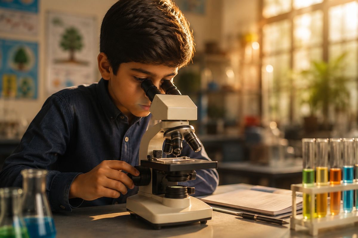 A LIAS student examining a specimen under a microscope in the science lab