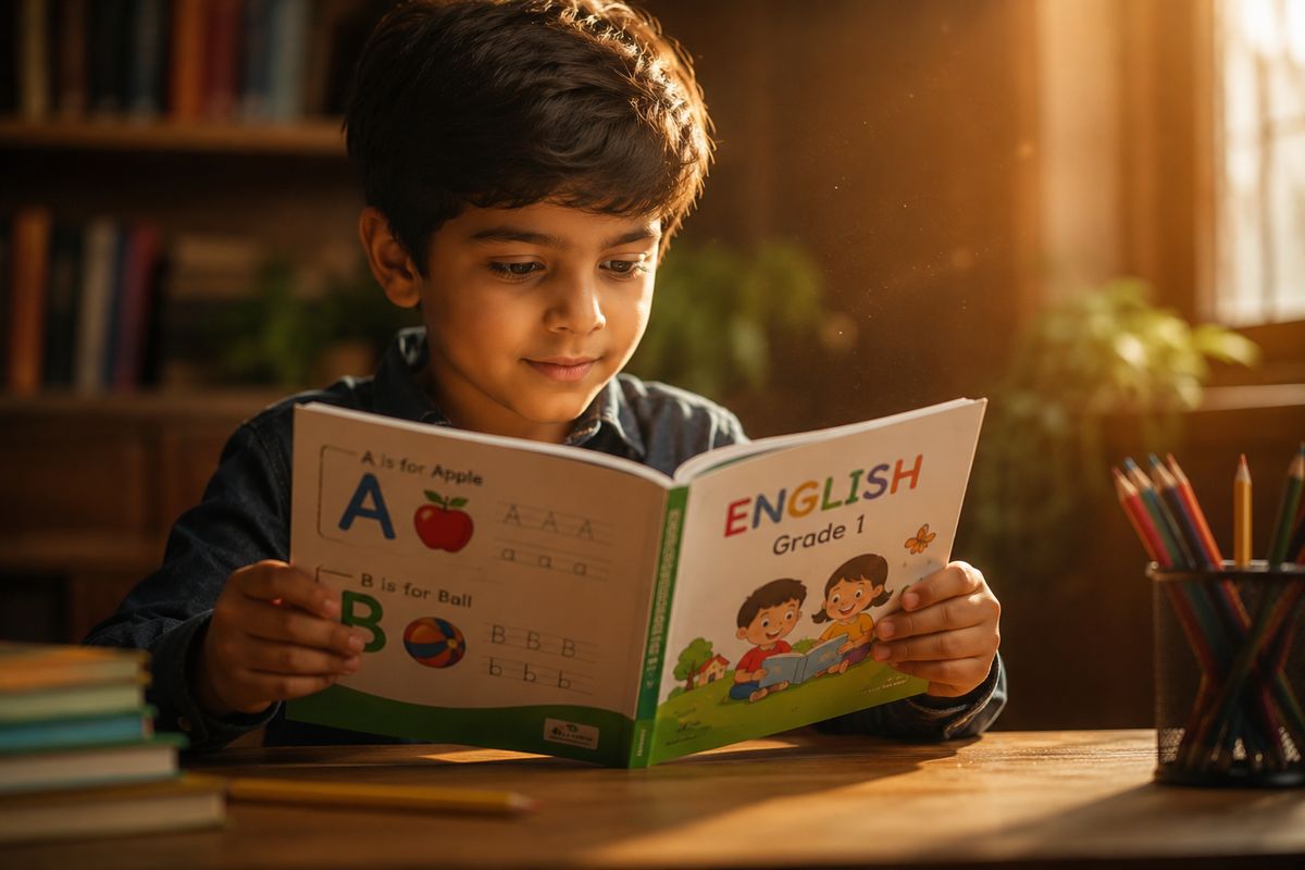 A young LIAS student absorbed in an English reading book