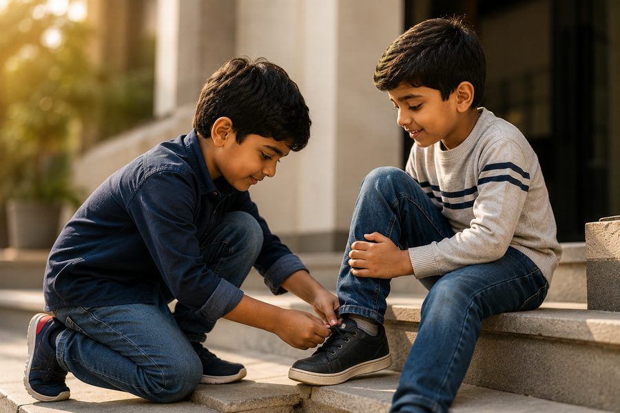 One student kindly helping another tie their shoe