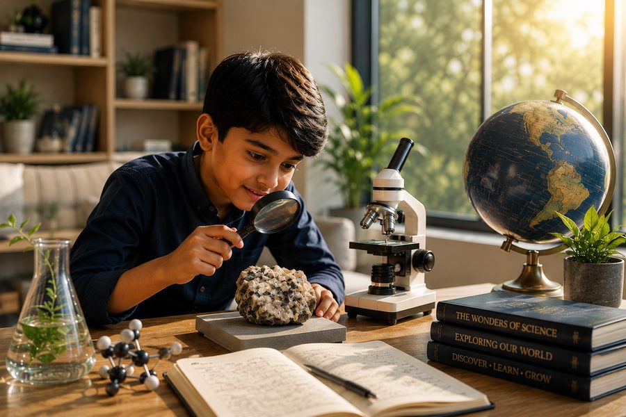 A student examining a specimen with a magnifying glass beside a microscope and globe