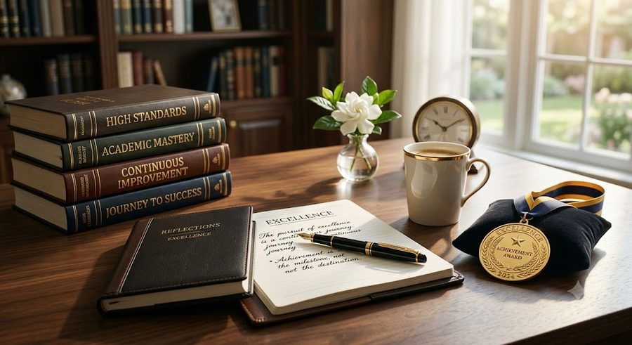 A desk with books titled High Standards, Academic Mastery, and an achievement medal