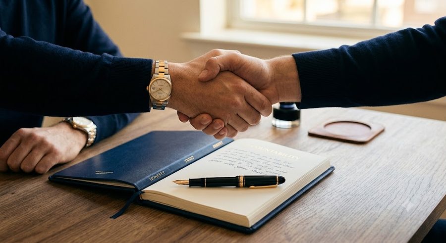 Two colleagues shaking hands over a notebook representing honesty and trust