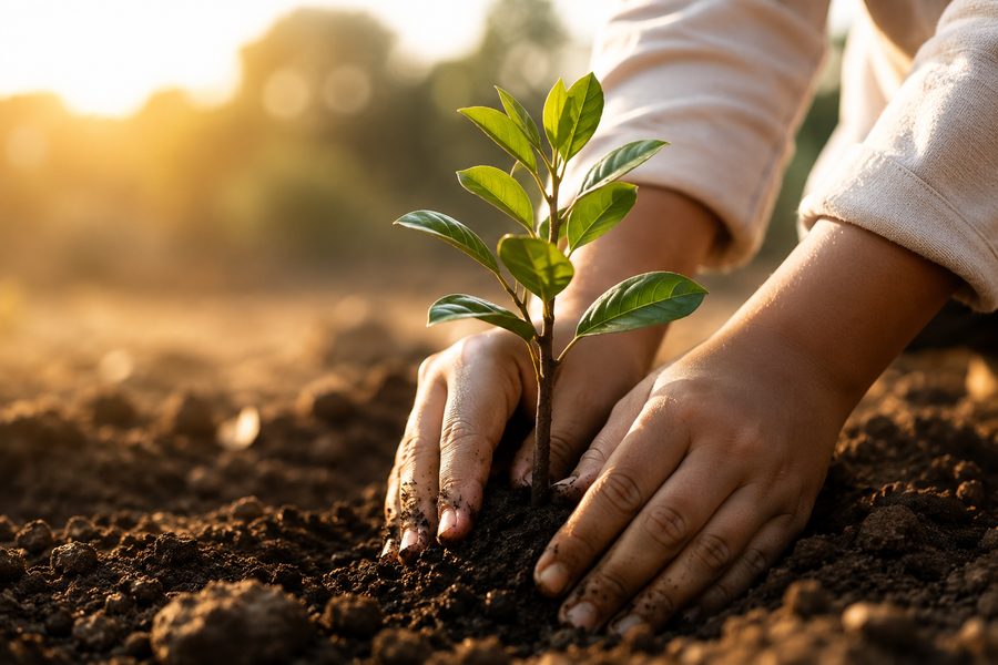 Hands carefully planting a young sapling in soil